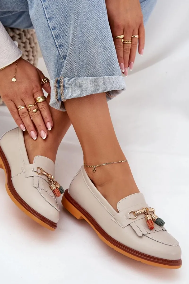 Clearance Skórzane Eleganckie Mokasyny Na Płaskim Obcasie S.Barski LR51-768 Beżowe Damskie Mokasyny Damskie Lakierowane