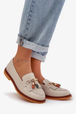 Clearance Skórzane Eleganckie Mokasyny Na Płaskim Obcasie S.Barski LR51-768 Beżowe Damskie Mokasyny Damskie Lakierowane