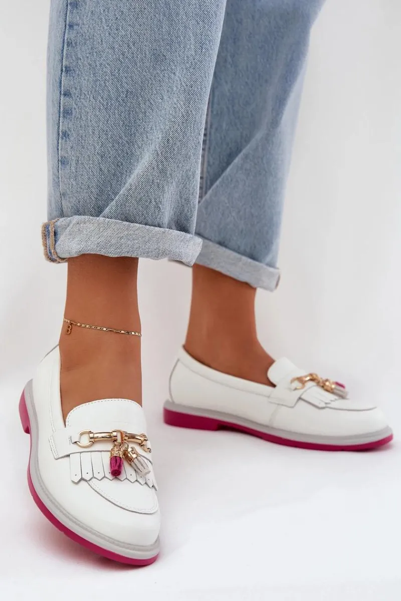 Clearance Damskie buty S.Barski Skórzane Eleganckie Mokasyny Na Płaskim Obcasie S.Barski LR51-768 Białe Biały