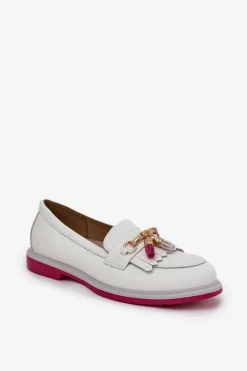 Clearance Damskie buty S.Barski Skórzane Eleganckie Mokasyny Na Płaskim Obcasie S.Barski LR51-768 Białe Biały