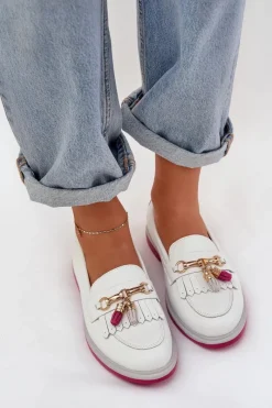 Clearance Damskie buty S.Barski Skórzane Eleganckie Mokasyny Na Płaskim Obcasie S.Barski LR51-768 Białe Biały