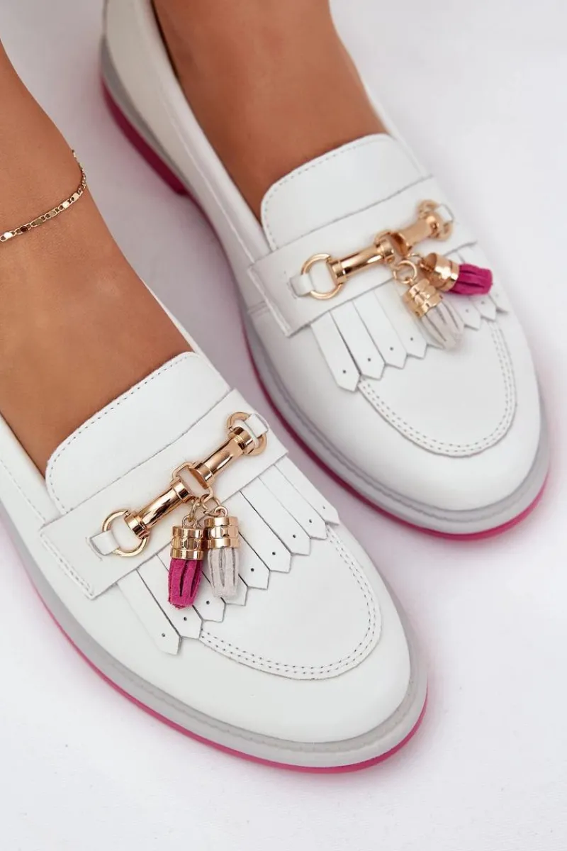 Clearance Damskie buty S.Barski Skórzane Eleganckie Mokasyny Na Płaskim Obcasie S.Barski LR51-768 Białe Biały