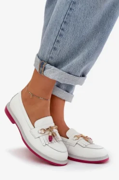 Clearance Damskie buty S.Barski Skórzane Eleganckie Mokasyny Na Płaskim Obcasie S.Barski LR51-768 Białe Biały