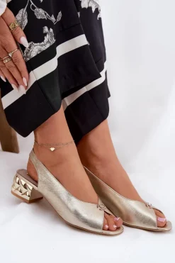 Clearance Skórzane Eleganckie Sandały Damskie 4724 Złote Damskie Sandały Na Obcasie