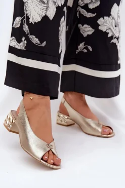 Clearance Skórzane Eleganckie Sandały Damskie 4724 Złote Damskie Sandały Na Obcasie