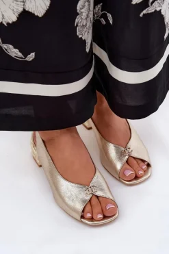 Clearance Skórzane Eleganckie Sandały Damskie 4724 Złote Damskie Sandały Na Obcasie