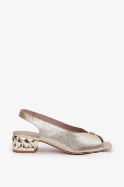 Clearance Skórzane Eleganckie Sandały Damskie 4724 Złote Damskie Sandały Na Obcasie