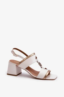 Laura Messi Skórzane Eleganckie Sandały Na Klocku 2768 Białe Biały