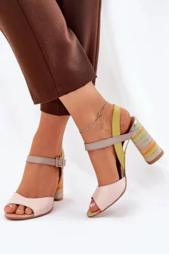 Best Skórzane Eleganckie Sandały Na Słupku 2136 Multikolor Damskie Sandały Na Słupku|Sandały Na Obcasie