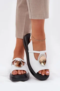 Best Skórzane Eleganckie Sandały Damskie S.Barski GR51-603 Białe Damskie Sandały Z Cholewką|Sandały Na Koturnie