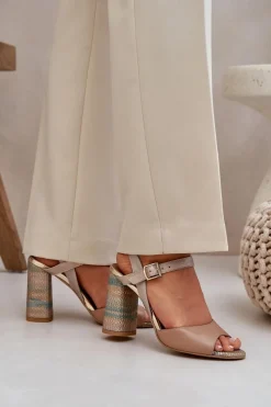 Sandały Na Słupku|Sandały Na Obcasie>Laura Messi Skórzane Eleganckie Sandały Na Słupku 2136 Ciemnobeżowe Beżowy