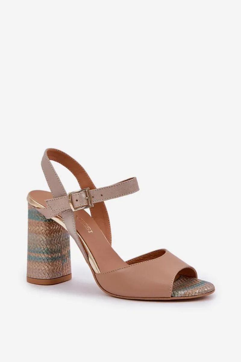 Sandały Na Słupku|Sandały Na Obcasie>Laura Messi Skórzane Eleganckie Sandały Na Słupku 2136 Ciemnobeżowe Beżowy