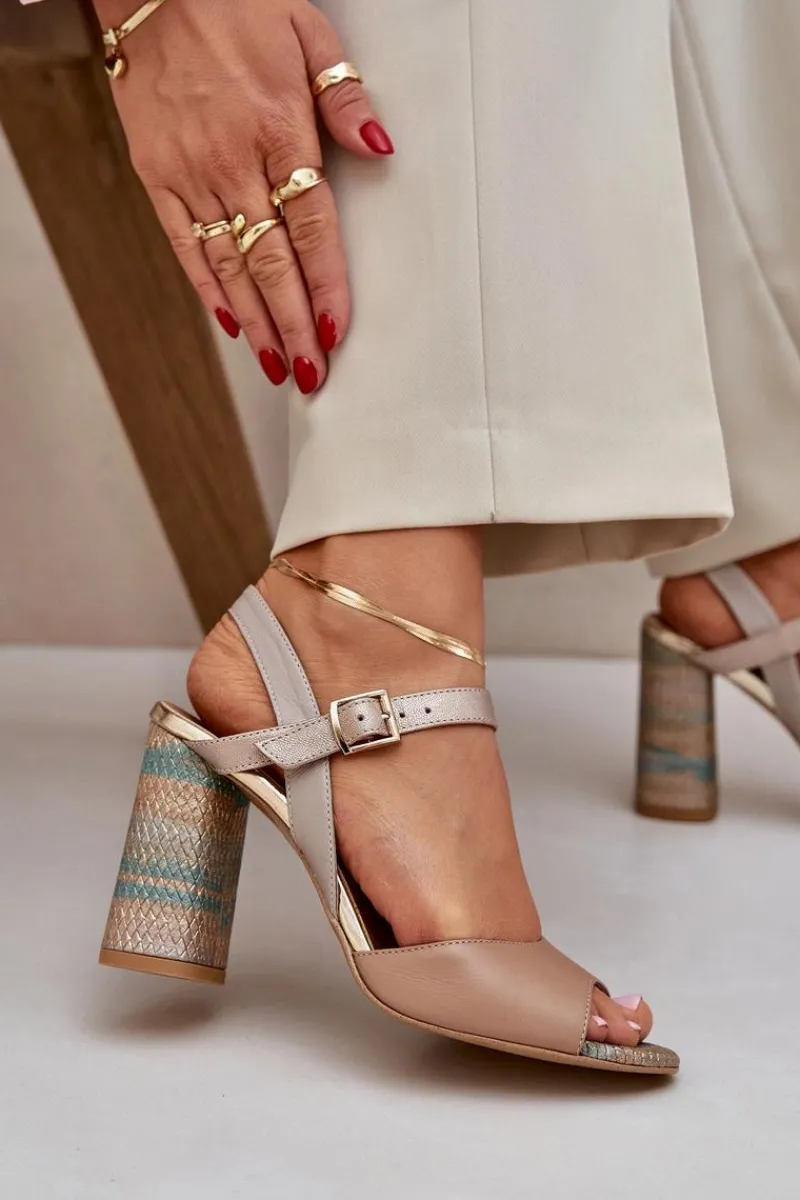 Sandały Na Słupku|Sandały Na Obcasie>Laura Messi Skórzane Eleganckie Sandały Na Słupku 2136 Ciemnobeżowe Beżowy