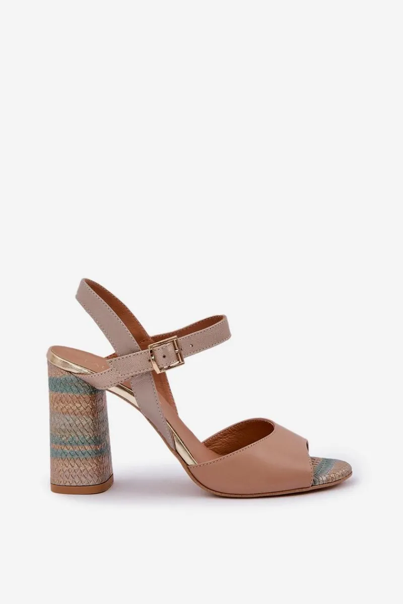 Sandały Na Słupku|Sandały Na Obcasie>Laura Messi Skórzane Eleganckie Sandały Na Słupku 2136 Ciemnobeżowe Beżowy