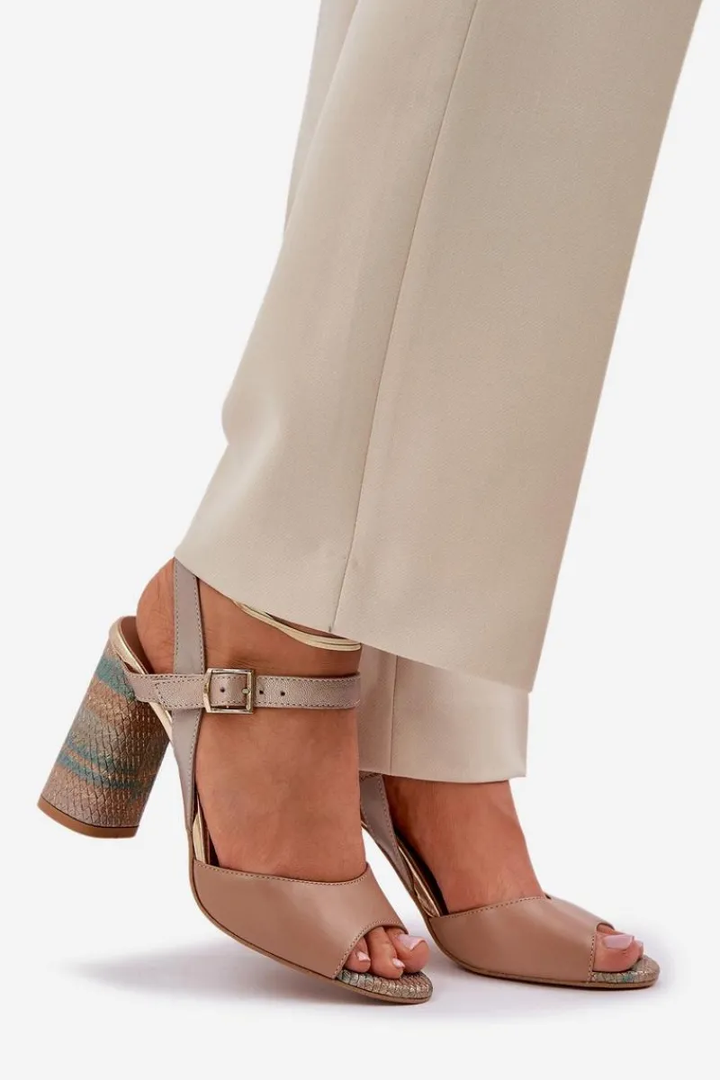Sandały Na Słupku|Sandały Na Obcasie>Laura Messi Skórzane Eleganckie Sandały Na Słupku 2136 Ciemnobeżowe Beżowy