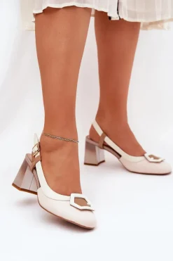 Sale Damskie buty S.Barski Skórzane Eleganckie Sandały Damskie Na Słupku D&A CR51-569 Beżowe