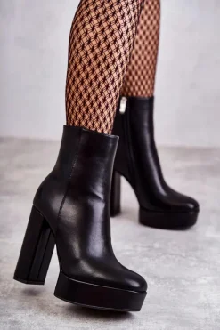 Discount Skórzane Gładkie Botki Na Słupku Czarne Kaysa Damskie Botki Ocieplane|Botki Na Słupku