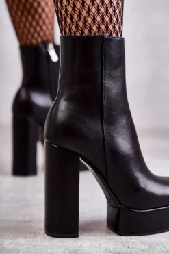 Discount Skórzane Gładkie Botki Na Słupku Czarne Kaysa Damskie Botki Ocieplane|Botki Na Słupku