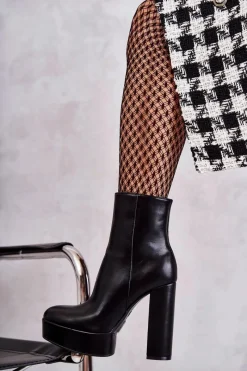 Discount Skórzane Gładkie Botki Na Słupku Czarne Kaysa Damskie Botki Ocieplane|Botki Na Słupku