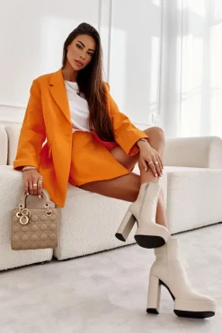 Online Skórzane Gładkie Botki Na Słupku Beżowe Kaysa Damskie Botki Ocieplane|Botki Na Słupku