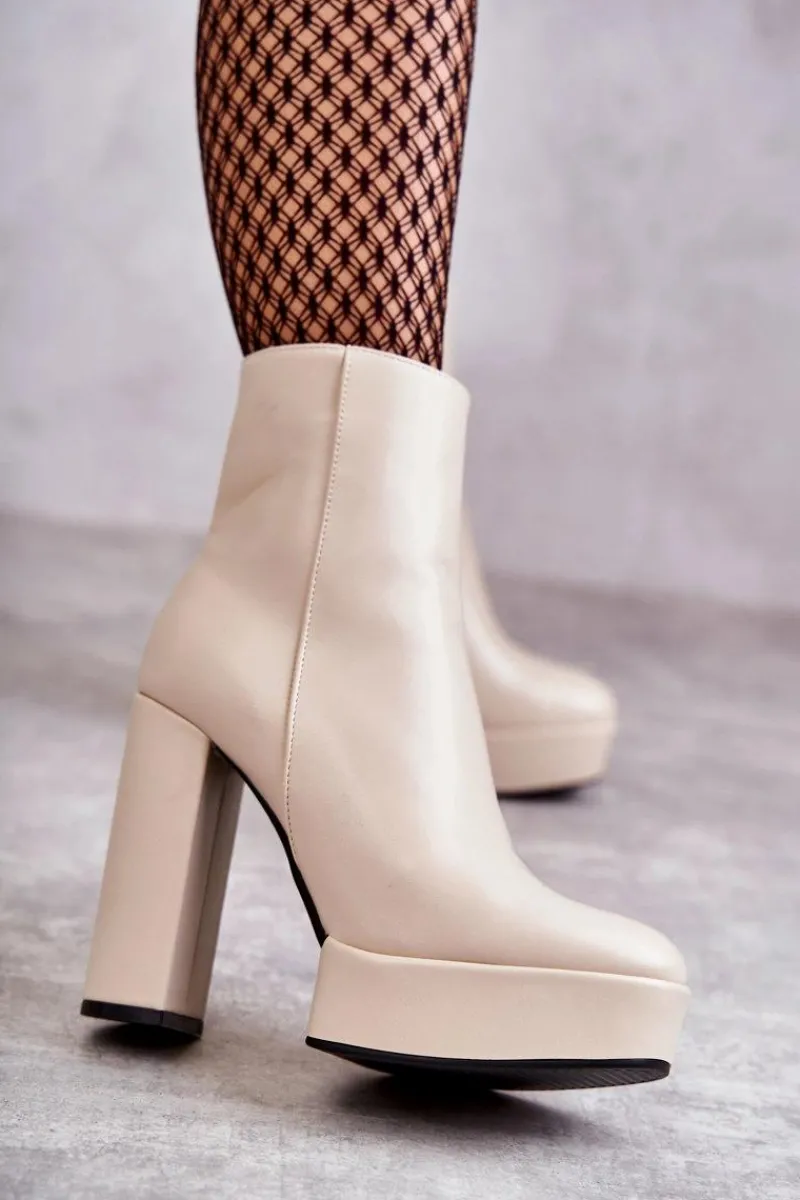 Online Skórzane Gładkie Botki Na Słupku Beżowe Kaysa Damskie Botki Ocieplane|Botki Na Słupku