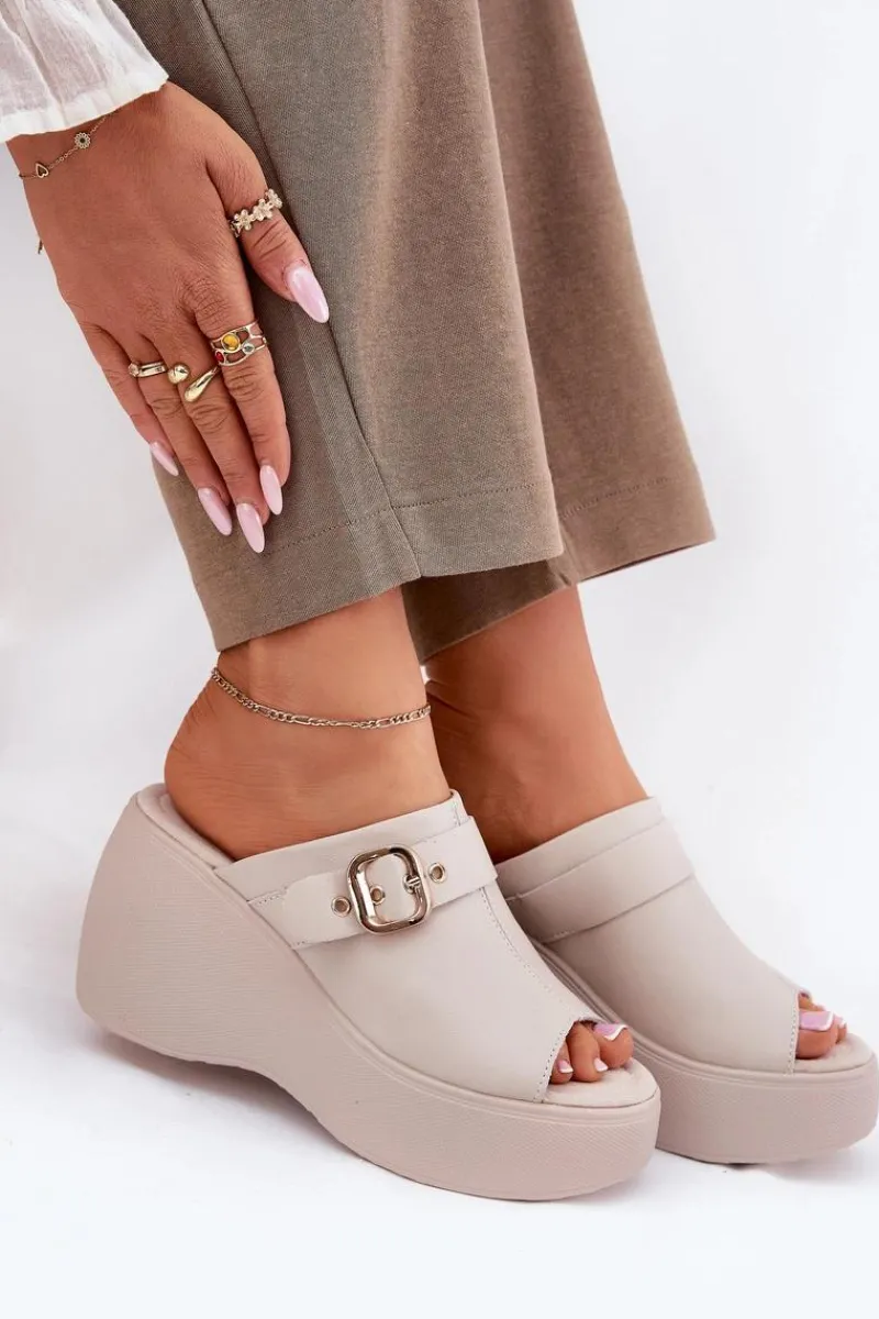 Klapki Na Koturnie|Klapki Na Platformie>Damskie buty S.Barski Skórzane Klapki Damskie Na Platformie I Koturnie Z Klamrą S.Barski LR51-542 Beżowe Beżowy