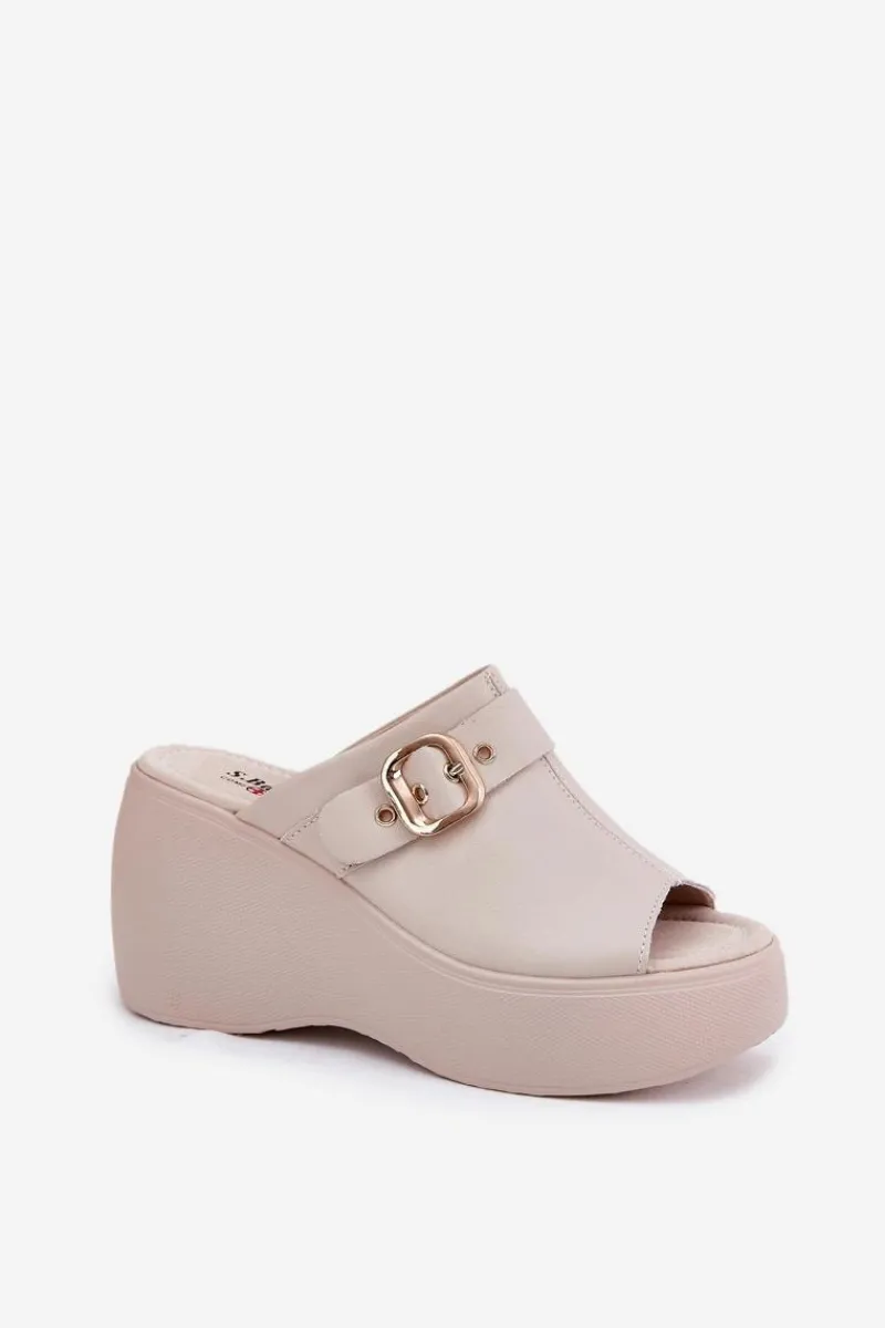 Klapki Na Koturnie|Klapki Na Platformie>Damskie buty S.Barski Skórzane Klapki Damskie Na Platformie I Koturnie Z Klamrą S.Barski LR51-542 Beżowe Beżowy
