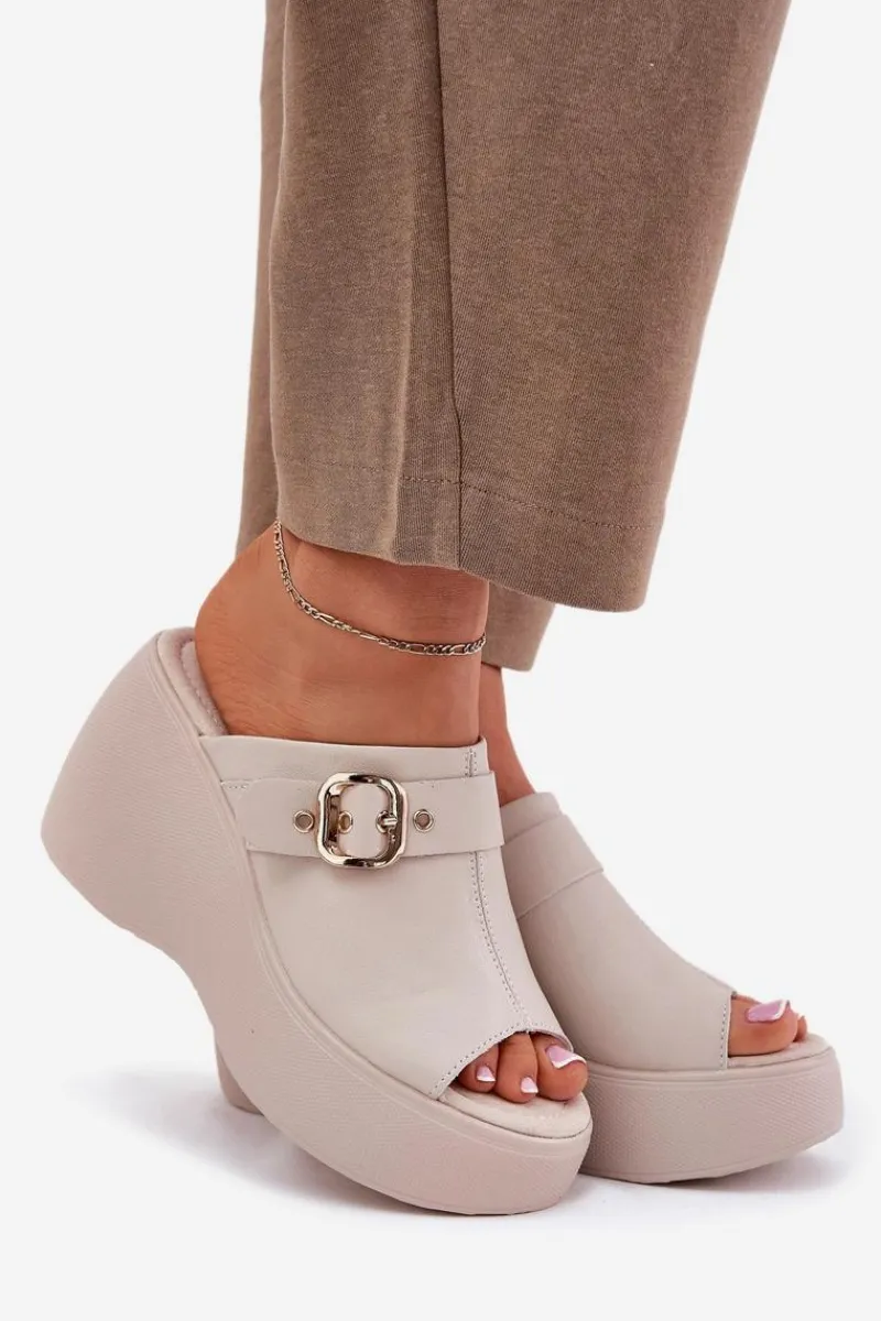 Klapki Na Koturnie|Klapki Na Platformie>Damskie buty S.Barski Skórzane Klapki Damskie Na Platformie I Koturnie Z Klamrą S.Barski LR51-542 Beżowe Beżowy