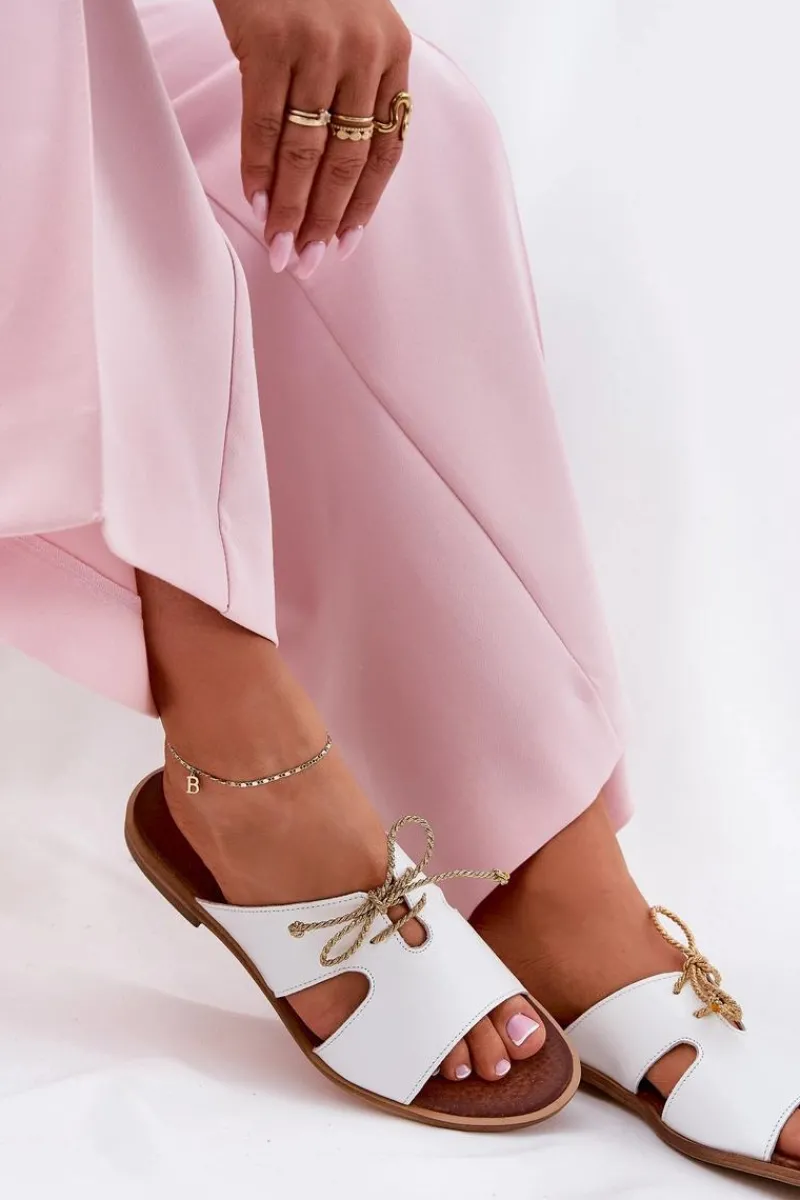 New Zazoo Skórzane Klapki Damskie Na Płaskim Obcasie 3022 Białe Biały