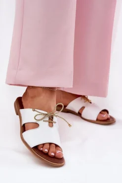 New Zazoo Skórzane Klapki Damskie Na Płaskim Obcasie 3022 Białe Biały