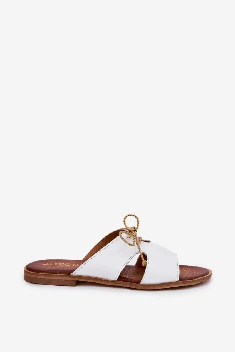 New Zazoo Skórzane Klapki Damskie Na Płaskim Obcasie 3022 Białe Biały