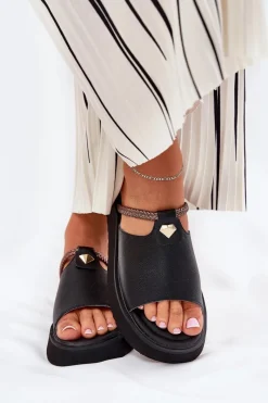 Damskie buty S.Barski Skórzane Klapki Damskie Na Platformie Z Ozdobnym Paskiem D&A MK51-475 Czarne