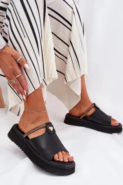 Damskie buty S.Barski Skórzane Klapki Damskie Na Platformie Z Ozdobnym Paskiem D&A MK51-475 Czarne