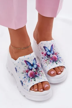 Best Skórzane Klapki Damskie Na Koturnie Artiker 56C0428 Białe Damskie Klapki Na Koturnie|Klapki Damskie Klasyczne