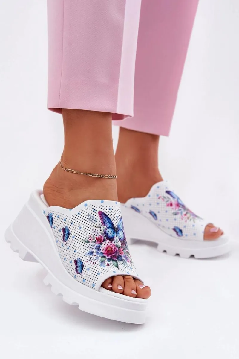 Best Skórzane Klapki Damskie Na Koturnie Artiker 56C0428 Białe Damskie Klapki Na Koturnie|Klapki Damskie Klasyczne