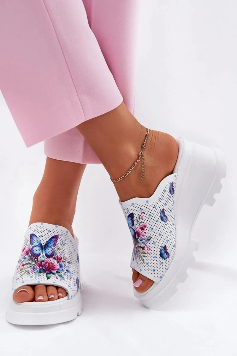 Best Skórzane Klapki Damskie Na Koturnie Artiker 56C0428 Białe Damskie Klapki Na Koturnie|Klapki Damskie Klasyczne