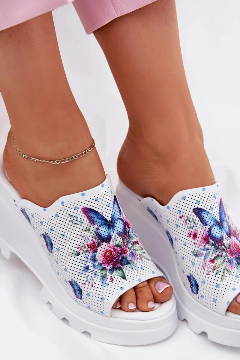 Best Skórzane Klapki Damskie Na Koturnie Artiker 56C0428 Białe Damskie Klapki Na Koturnie|Klapki Damskie Klasyczne