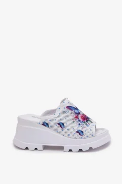 Best Skórzane Klapki Damskie Na Koturnie Artiker 56C0428 Białe Damskie Klapki Na Koturnie|Klapki Damskie Klasyczne