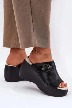 Best Skórzane Klapki Damskie Na Platformie I Koturnie Z Klamrą S.Barski LR51-542 Czarne Damskie Klapki Na Koturnie|Klapki Na Platformie