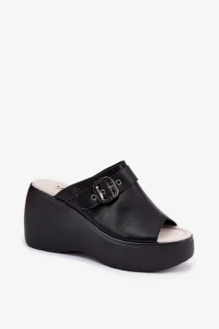 Best Skórzane Klapki Damskie Na Platformie I Koturnie Z Klamrą S.Barski LR51-542 Czarne Damskie Klapki Na Koturnie|Klapki Na Platformie