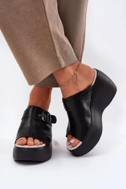 Best Skórzane Klapki Damskie Na Platformie I Koturnie Z Klamrą S.Barski LR51-542 Czarne Damskie Klapki Na Koturnie|Klapki Na Platformie