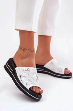 Discount Buty damskie Vinceza Skórzane Klapki Damskie Na Koturnie Vinceza 41477 Białe Biały