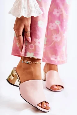 Outlet Skórzane Klapki Damskie Na Obcasie Różowe Perry Damskie Klapki Na Obcasie|Klapki Damskie Klasyczne