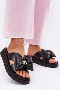 Klapki Na Platformie|Klapki Damskie Klasyczne>CheBello Skórzane Klapki Damskie Na Platformie Z Kokardą 4647 Czarne Czarny