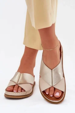 Outlet Skórzane Klapki Damskie Na Platformie L4986-37 Beżowo-Złote Damskie Klapki Damskie Klasyczne