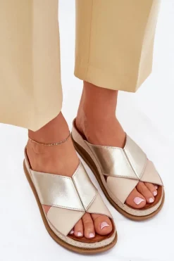 Outlet Skórzane Klapki Damskie Na Platformie L4986-37 Beżowo-Złote Damskie Klapki Damskie Klasyczne