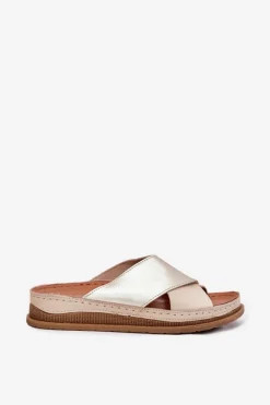 Outlet Skórzane Klapki Damskie Na Platformie L4986-37 Beżowo-Złote Damskie Klapki Damskie Klasyczne