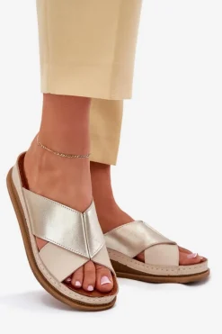 Outlet Skórzane Klapki Damskie Na Platformie L4986-37 Beżowo-Złote Damskie Klapki Damskie Klasyczne