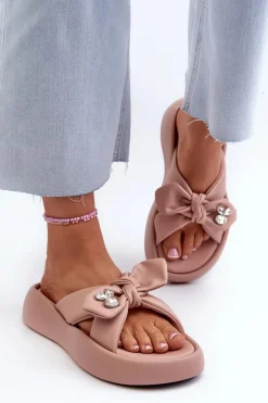 GOE Skórzane Klapki Damskie Na Platformie Różowe NN2N4109