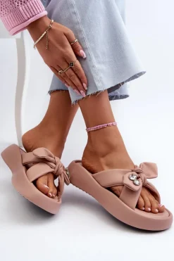 GOE Skórzane Klapki Damskie Na Platformie Różowe NN2N4109